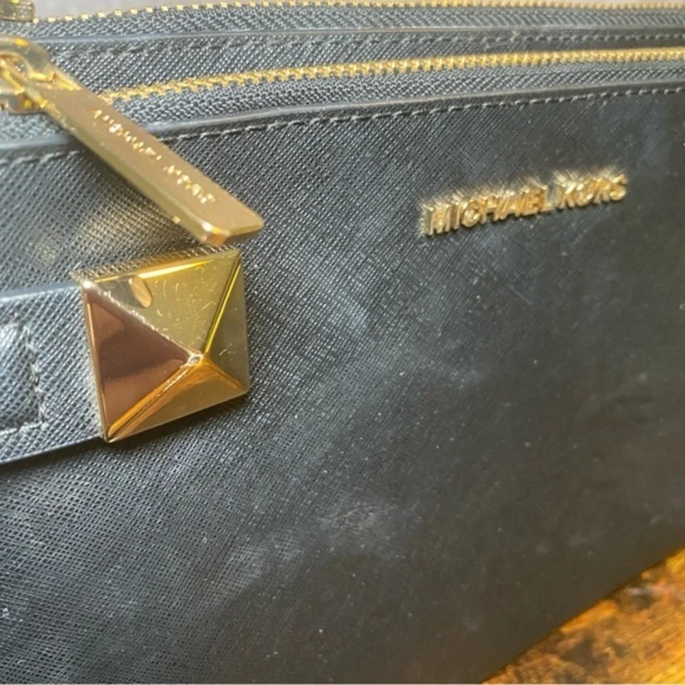 Michael Kors Karla East West Leather Crossbody Bag Black and‎ Gold